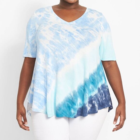Lane Bryant Aqua Blue Tie-Dye Swing Tunic Top V-Neck Perfect Sleeve Plus 14/16 - Picture 4 of 7